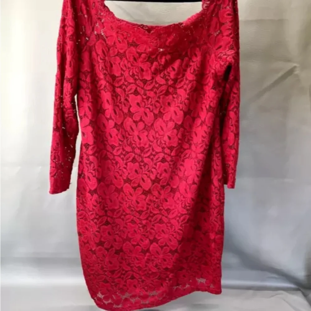 ACEVOG size XL red lace off shoulder midi dress lined with stretch 3/4 sleeve - Picture 4 of 14